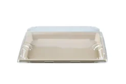 Barquette Sushi crème en canne à sucre + couvercle antibuée en PET 24,5 x 15,5 cm - 250 unités - Betik