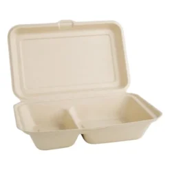 Boîtes 2 Compartiments avec Couvercle à Charnière Compostables en Bagasse 253mm - Lot de 200 - Fiesta Green