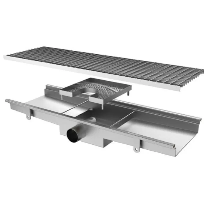 Caniveau de Sol avec Caillebotis Sortie Horizontale ø 63 mm et Filtre Carré - 1050x300x140 mm - Virtus
