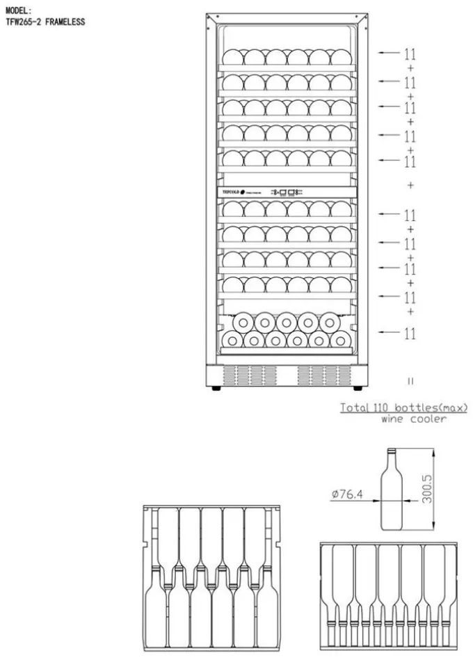Cave à Vin Bi-Zone Professionnelle TFW300-2F pour 110 Bouteilles 750 ml - TEFCOLD