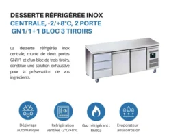 DESSERTE REFRIGEREE INOX CENTRALE -2/+8°C R600A