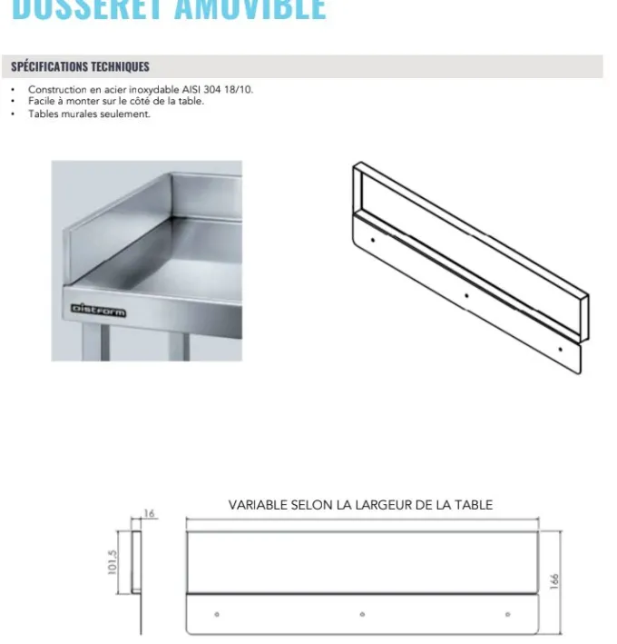 Dosseret Droit en Inox Latéral Amovible pour Plonges - Gamme 600 - Distform