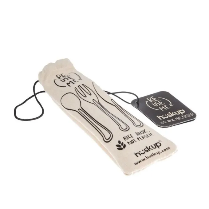 Ensemble de Couverts Réutilisables en Fibres de Riz avec Sac de Jute