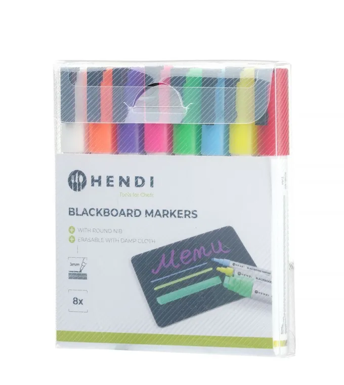 Feutres à craie 3 mm 1 blanc 1 rouge 1 bleu 1 vert 1 jaune 1 violet 1 orange et 1 rose - Hendi