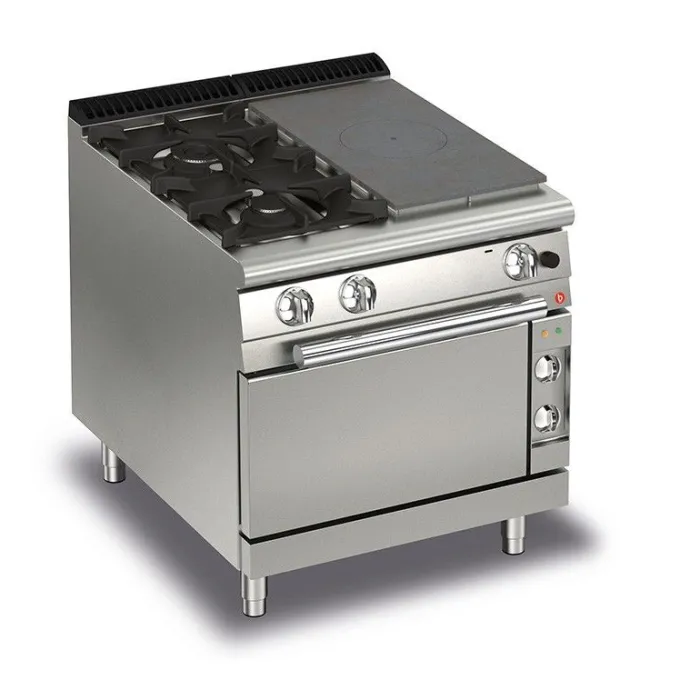 Fourneau à Gaz sur Four Electrique - 2 feux vifs + 1/2 plaque coup de feu - P 700 - 22,5 kW - Baron