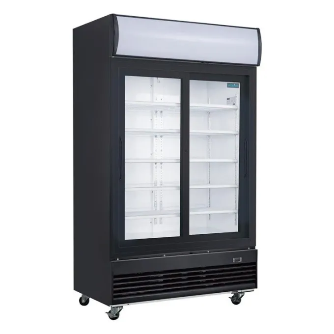Frigo Professionnel Vitré Noir 2 Portes Coulissantes avec Caisson Lumineux Série G 950L - Polar