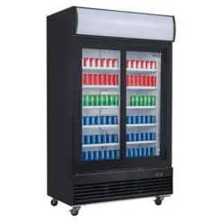 Frigo Professionnel Vitré Noir 2 Portes Coulissantes avec Caisson Lumineux Série G 950L - Polar