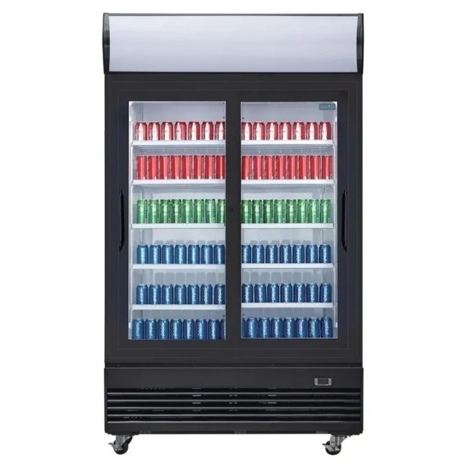 Frigo Professionnel Vitré Noir 2 Portes Coulissantes avec Caisson Lumineux Série G 950L - Polar