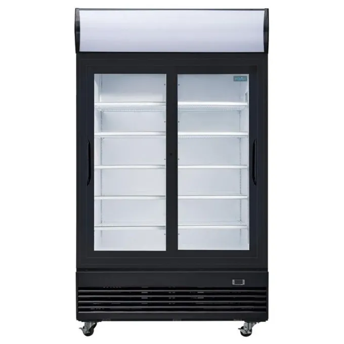 Frigo Professionnel Vitré Noir 2 Portes Coulissantes avec Caisson Lumineux Série G 950L - Polar