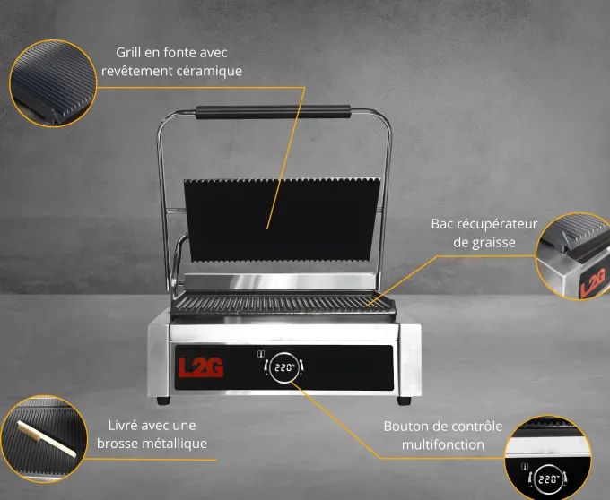 Grill Panini 1 Plaque Rainurée Dessus/Dessous en Fonte - L2G