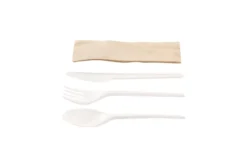 Kit couverts blanc 4 en 1 CPLA : couteau + fourchette + cuillère + serviette kraft - 500 unités - Betik