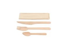 Kit couverts 4 en 1 en bois : couteau + fourchette + petite cuillère + serviette kraft - 500 unités - Betik