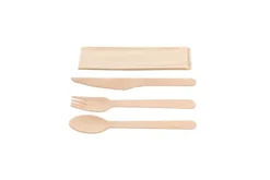 Kit couverts 4 en 1 en bois : couteau + fourchette + cuillère + serviette kraft - 500 unités - Betik