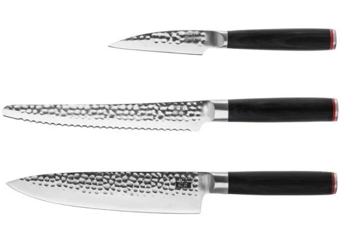 Le Set Essentiel Plus : 3 Couteaux dont Couteau d'Office, Gyuto, Couteau à Pain et Porte-Couteaux, Fusil à Aiguiser - Kotai