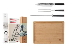 Le Set Grillades Deluxe : Gyuto Couteau de Chef, Fourchette à Découper, Fusil à Aiguiser et Planche - Kotai
