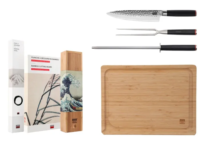Le Set Grillades Deluxe : Gyuto Couteau de Chef, Fourchette à Découper, Fusil à Aiguiser et Planche - Kotai