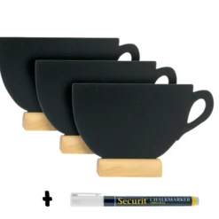 Lot de 3 mini Silhouettes ardoise ''tasse'' - base en bois - Feutre-craie inclus - Securit