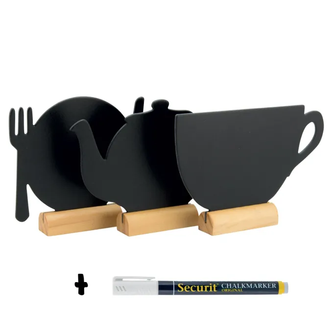 Lot de 3 Silhouettes mini ardoise (théière/assiette/tasse ) - Socle en bois - Feutre-craie inclus - Securit
