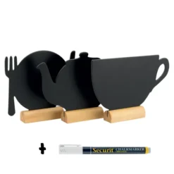 Lot de 3 Silhouettes mini ardoise (théière/assiette/tasse ) - Socle en bois - Feutre-craie inclus - Securit
