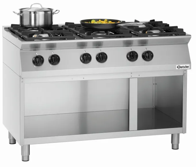 Piano de cuisson 6 brûleurs 28,5 kW - L1200xP700xH910-955 - soubassement ouvert - Bartscher
