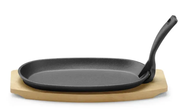 Plat en fonte avec dessous en bois et poignée avec pince, Noir, 280x140x(H)30mm - Hendi