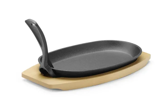 Plat en fonte avec dessous en bois et poignée avec pince, Noir, 280x140x(H)30mm - Hendi