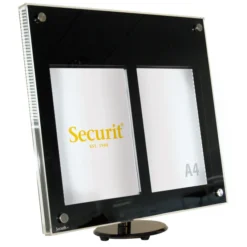 Présentoir LED - acrylique Noir - pied de table inclus (ou kit d'accrochage mural) - présente 2x pages A4 - Securit