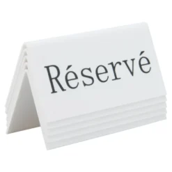 SecuritEtiquette réservation de table, lot de 5 'Réservé' - français. Acrylique blanc avec lettres noires - Securit