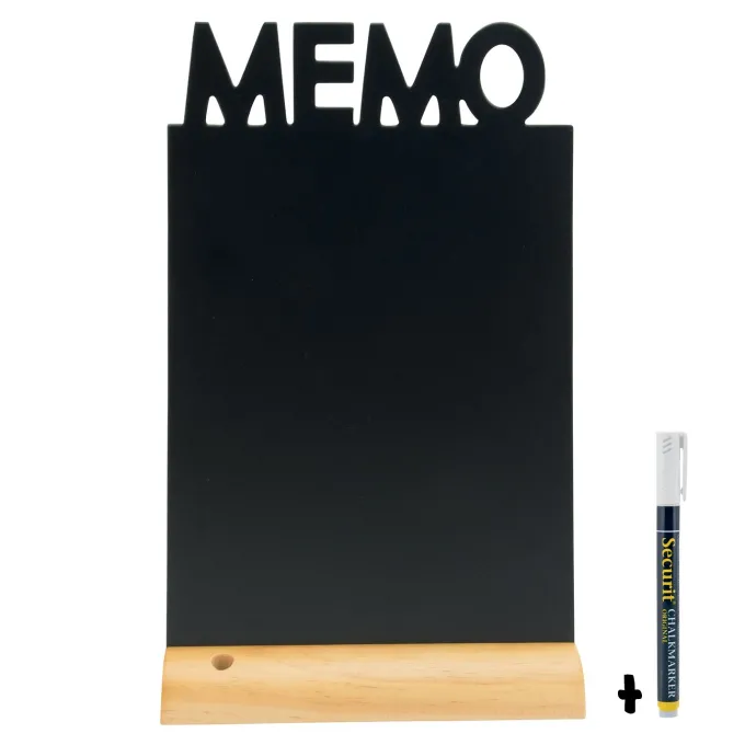 Silhouette ardoise de table ''Memo'' - Socle en bois - Feutre-craie inclus - Securit