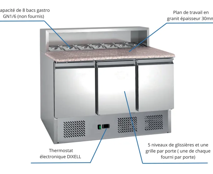 Table à Pizza dessus Granit +2/+8°C Gaz R600A - L2G - PS903