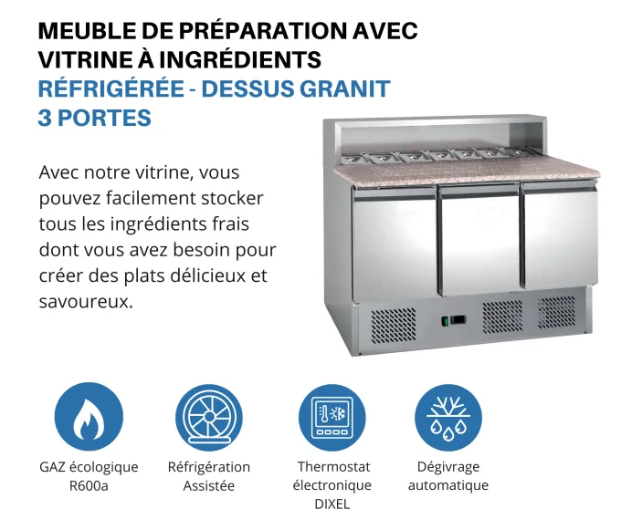 Table à Pizza dessus Granit +2/+8°C Gaz R600A - L2G - PS903