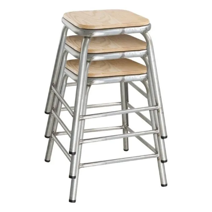 Tabouret Bas en Acier Galvanisé avec Assise en Bois - Lot de 4 - Bolero