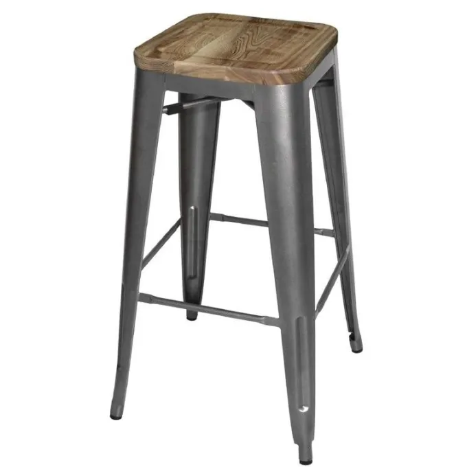 Tabouret Bistro Haut en Acier Gris avec Assise en Bois - Lot de 4 - Bolero