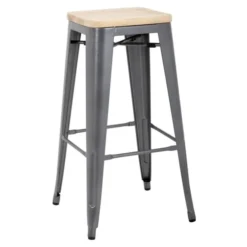 Tabouret Bistro Haut en Acier Gris avec Assise en Bois - Lot de 4 - Bolero