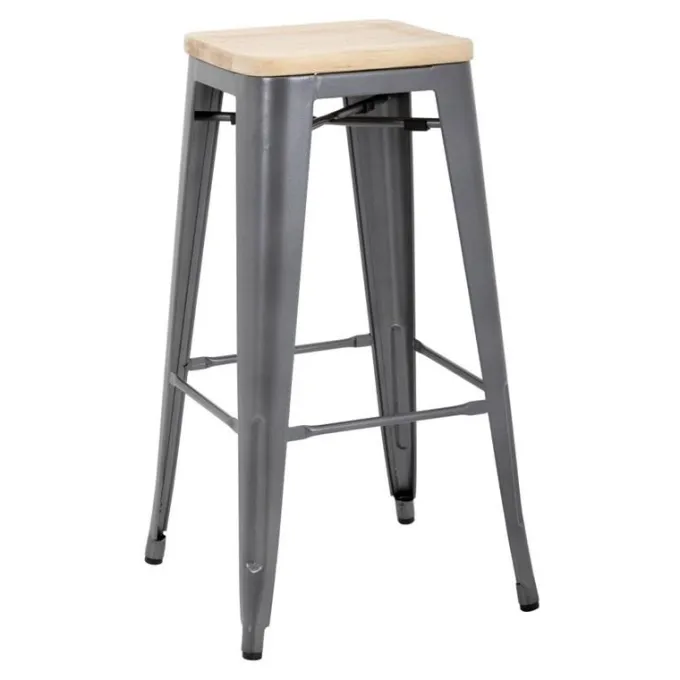 Tabouret Bistro Haut en Acier Gris avec Assise en Bois - Lot de 4 - Bolero
