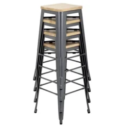 Tabouret Bistro Haut en Acier Gris avec Assise en Bois - Lot de 4 - Bolero