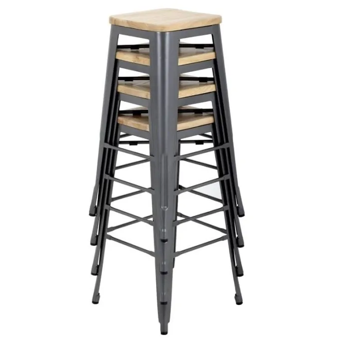 Tabouret Bistro Haut en Acier Gris avec Assise en Bois - Lot de 4 - Bolero