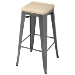 Tabouret Bistro Haut en Acier Gris avec Assise en Bois - Lot de 4 - Bolero