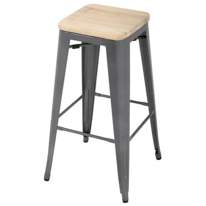 Tabouret Bistro Haut en Acier Gris avec Assise en Bois - Lot de 4 - Bolero