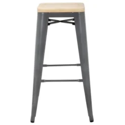 Tabouret Bistro Haut en Acier Gris avec Assise en Bois - Lot de 4 - Bolero