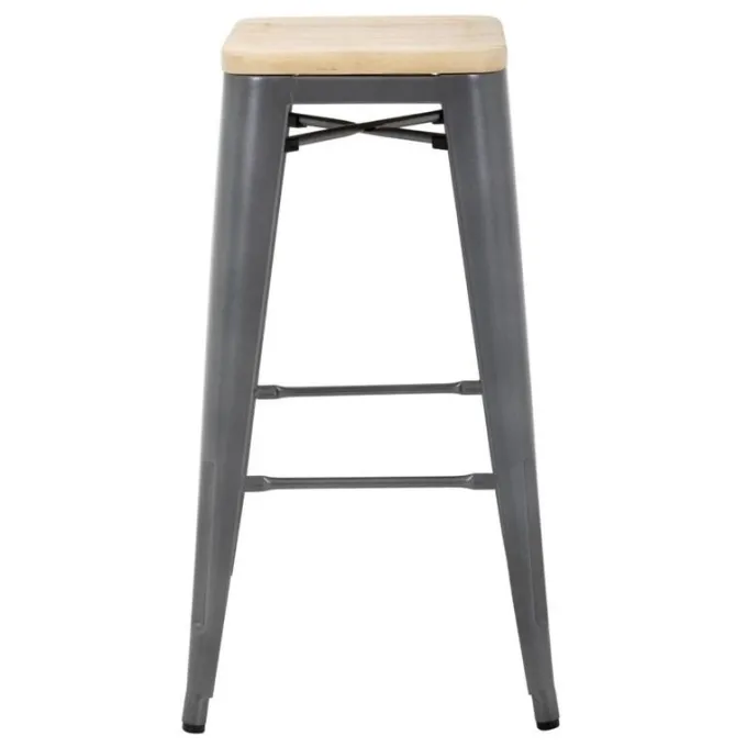 Tabouret Bistro Haut en Acier Gris avec Assise en Bois - Lot de 4 - Bolero