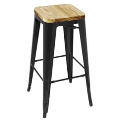 Tabouret Bistro Haut en Acier Noir avec Assise en Bois - Lot de 4 - Bolero