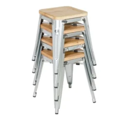 Tabourets Bistro Bas en Acier avec Assise en Bois - Lot de 4 - Bolero