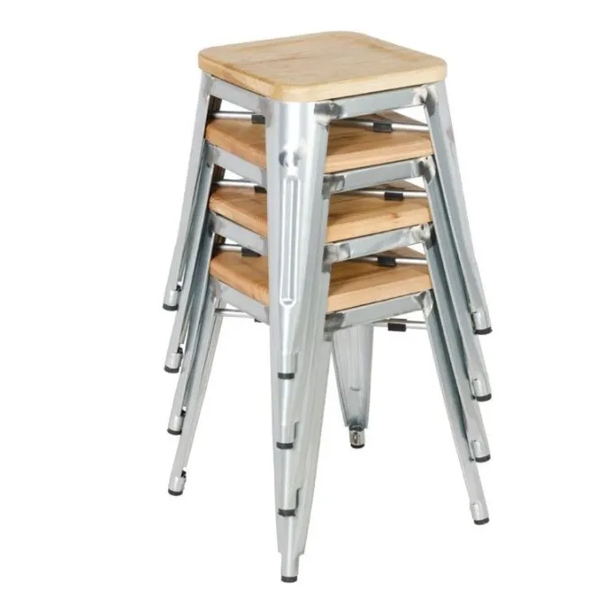 Tabourets Bistro Bas en Acier avec Assise en Bois - Lot de 4 - Bolero