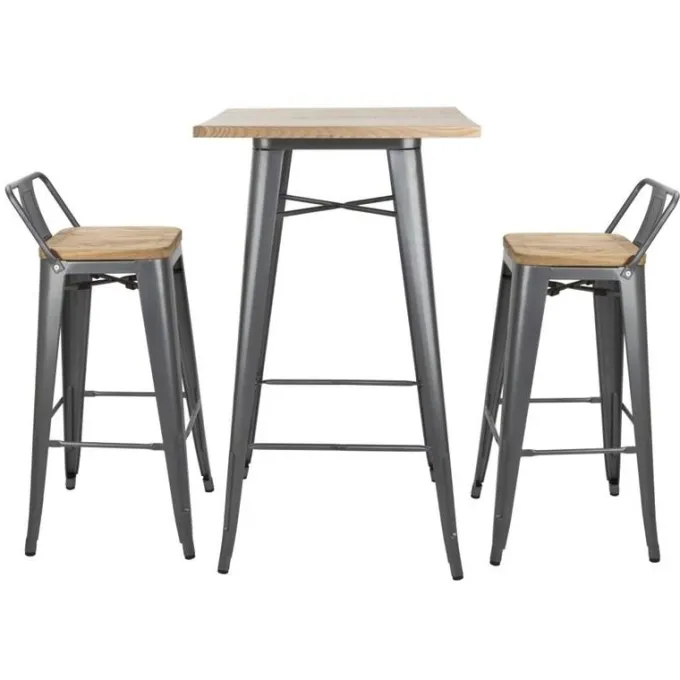 Tabourets Bistro Hauts avec Dossier et Assise en Bois Gris Métallisé - Lot de 4 - Bolero