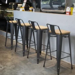Tabourets Bistro Hauts avec Dossier et Assise en Bois Gris Métallisé - Lot de 4 - Bolero