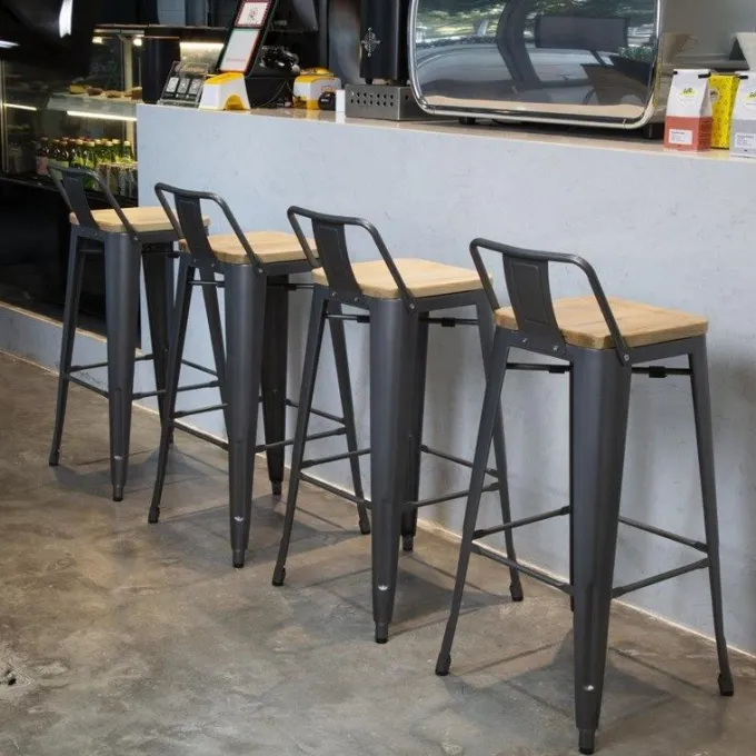Tabourets Bistro Hauts avec Dossier et Assise en Bois Gris Métallisé - Lot de 4 - Bolero