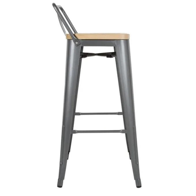 Tabourets Bistro Hauts avec Dossier et Assise en Bois Gris Métallisé - Lot de 4 - Bolero